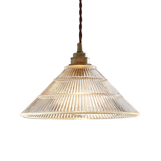 Single-Bulb Hanging Lamp Vintage Cone Ribbed Clear Glass Lighting Pendant for Dining Room Clearhalo 'Ceiling Lights' 'Glass shade' 'Glass' 'Industrial Pendants' 'Industrial' 'Middle Century Pendants' 'Pendant Lights' 'Pendants' 'Tiffany' Lighting' 2216491