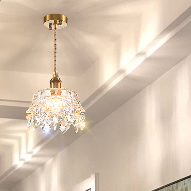 Single-Bulb Suspension Lighting Retro Style Dome Clear Glass Pendant Ceiling Light with Dangling Crystal Clear Clearhalo 'Ceiling Lights' 'Glass shade' 'Glass' 'Industrial Pendants' 'Industrial' 'Middle Century Pendants' 'Pendant Lights' 'Pendants' 'Tiffany' Lighting' 2216549