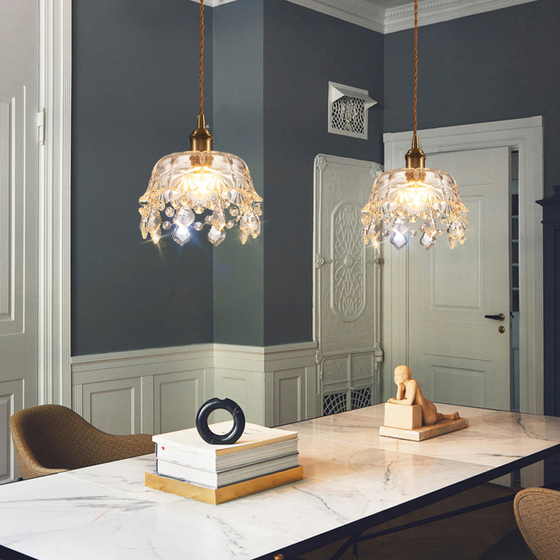 Single-Bulb Suspension Lighting Retro Style Dome Clear Glass Pendant Ceiling Light with Dangling Crystal Clearhalo 'Ceiling Lights' 'Glass shade' 'Glass' 'Industrial Pendants' 'Industrial' 'Middle Century Pendants' 'Pendant Lights' 'Pendants' 'Tiffany' Lighting' 2216550