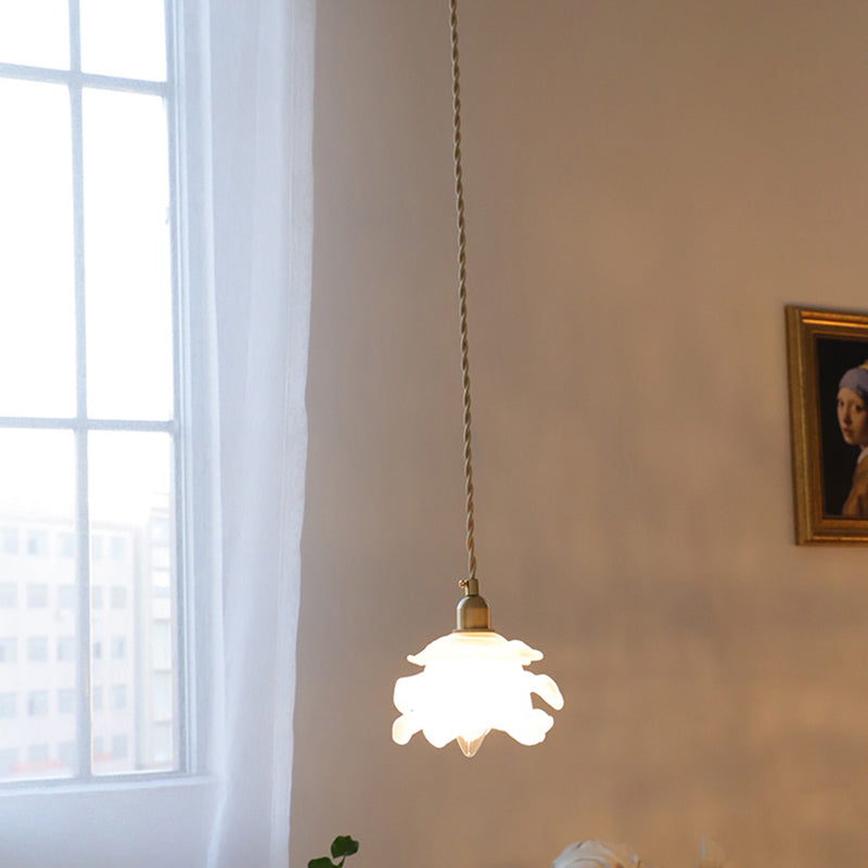 Textured White Glass Petal Hanging Lamp Vintage Single-Bulb Bedroom Lighting Pendant Clearhalo 'Ceiling Lights' 'Glass shade' 'Glass' 'Industrial Pendants' 'Industrial' 'Middle Century Pendants' 'Pendant Lights' 'Pendants' 'Tiffany' Lighting' 2216565