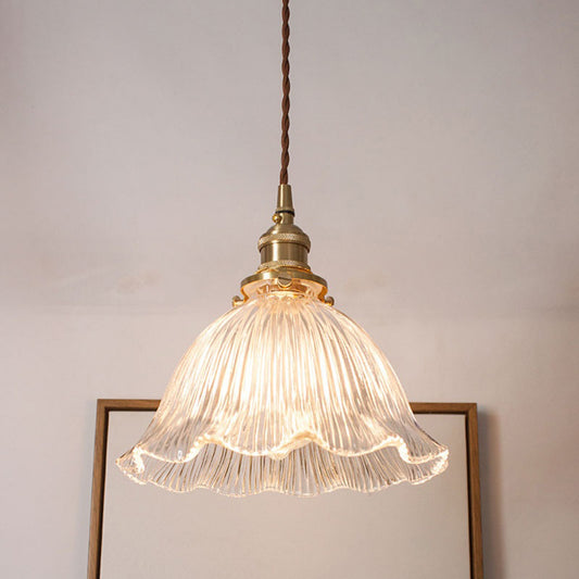 Floral Shade Clear Ribbed Glass Suspension Light Simplicity Living Room Pendant Light Fixture 1 Clear Clearhalo 'Ceiling Lights' 'Glass shade' 'Glass' 'Industrial Pendants' 'Industrial' 'Middle Century Pendants' 'Pendant Lights' 'Pendants' 'Tiffany' Lighting' 2216568