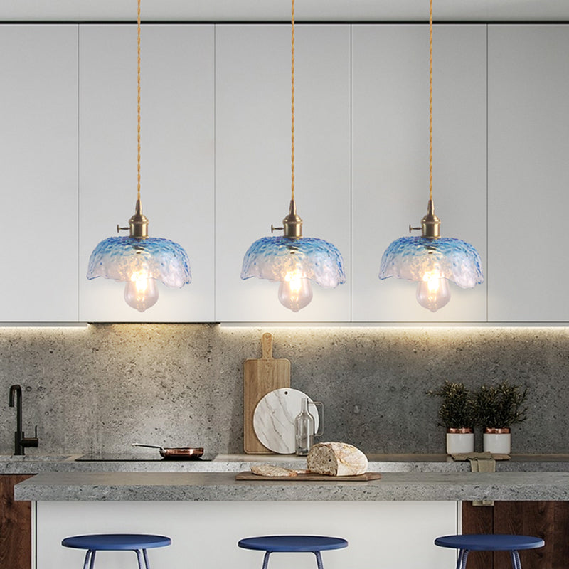 1 Bulb Hanging Light Retro Style Floral Textured Glass Pendant Light Fixture for Dining Room Blue C Clearhalo 'Ceiling Lights' 'Lighting' 'Pendant Lights' 2216603_13e5d6f7-adb5-43db-a314-0ffaaa87345d