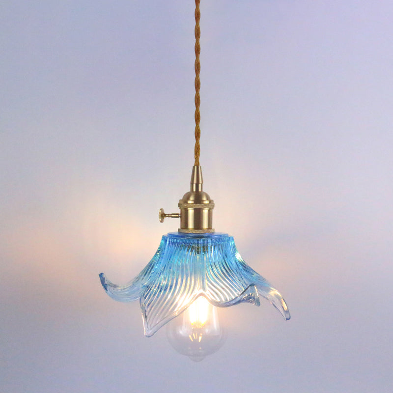 1 Bulb Hanging Light Retro Style Floral Textured Glass Pendant Light Fixture for Dining Room Blue D Clearhalo 'Ceiling Lights' 'Lighting' 'Pendant Lights' 2216606_2aa3bd24-8e17-4db4-8f5e-7a8fc9385fc9