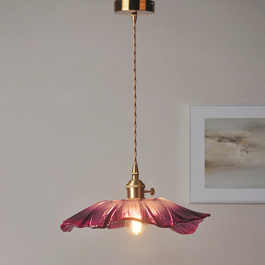Vintage Floral Hanging Lamp Single-Bulb Ribbed Glass Lighting Pendant for Restaurant Purple Clearhalo 'Ceiling Lights' 'Close To Ceiling Lights' 'Glass shade' 'Glass' 'Industrial Pendants' 'Industrial' 'Middle Century Pendants' 'Pendant Lights' 'Pendants' 'Tiffany' Lighting' 2216622
