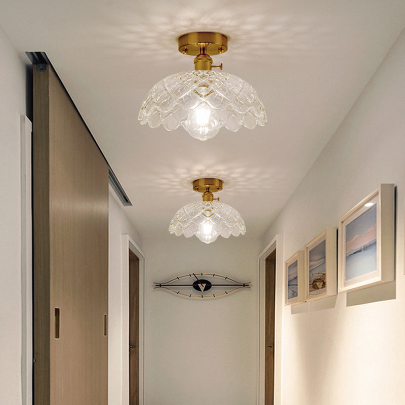 Single Textured Glass Flush Mount Light Retro Style Gold Shaded Corridor Semi Flush Ceiling Light Clearhalo 'Ceiling Lights' 'Close To Ceiling Lights' 'Close to ceiling' 'Glass shade' 'Glass' 'Semi-flushmount' Lighting' 2216634
