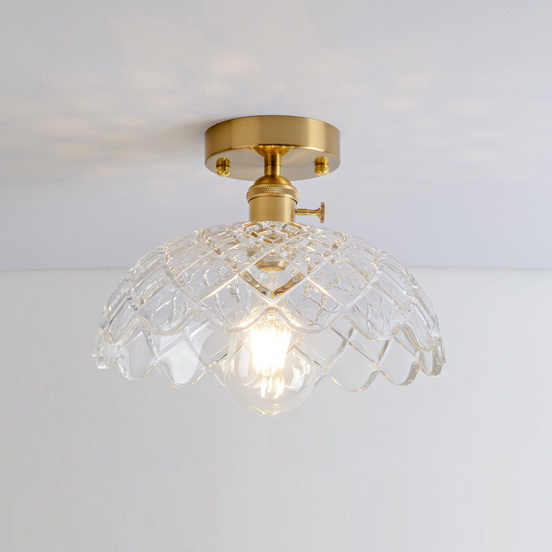 Single Textured Glass Flush Mount Light Retro Style Gold Shaded Corridor Semi Flush Ceiling Light Gold F Clearhalo 'Ceiling Lights' 'Close To Ceiling Lights' 'Close to ceiling' 'Glass shade' 'Glass' 'Semi-flushmount' Lighting' 2216635