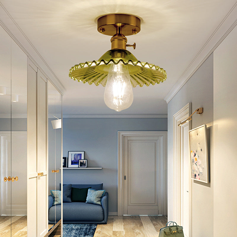 Single Textured Glass Flush Mount Light Retro Style Gold Shaded Corridor Semi Flush Ceiling Light Clearhalo 'Ceiling Lights' 'Close To Ceiling Lights' 'Close to ceiling' 'Glass shade' 'Glass' 'Semi-flushmount' Lighting' 2216637