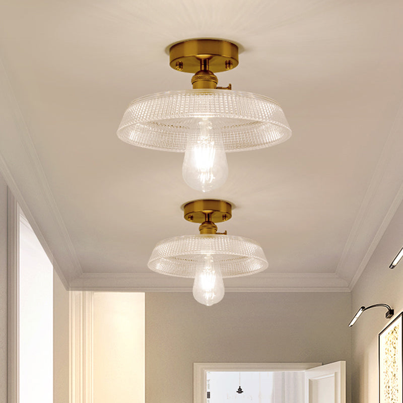 Single Textured Glass Flush Mount Light Retro Style Gold Shaded Corridor Semi Flush Ceiling Light Gold E Clearhalo 'Ceiling Lights' 'Close To Ceiling Lights' 'Close to ceiling' 'Glass shade' 'Glass' 'Semi-flushmount' Lighting' 2216639