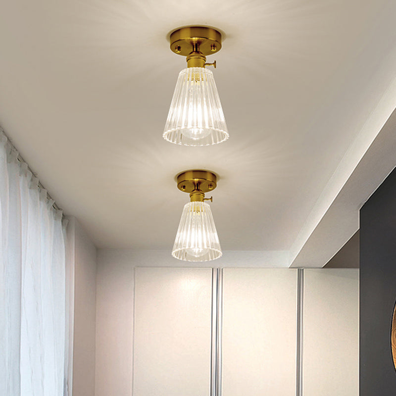 Single Textured Glass Flush Mount Light Retro Style Gold Shaded Corridor Semi Flush Ceiling Light Clearhalo 'Ceiling Lights' 'Close To Ceiling Lights' 'Close to ceiling' 'Glass shade' 'Glass' 'Semi-flushmount' Lighting' 2216640