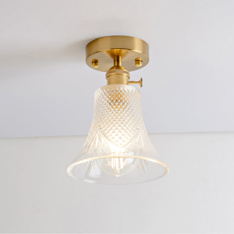 Single Textured Glass Flush Mount Light Retro Style Gold Shaded Corridor Semi Flush Ceiling Light Gold I Clearhalo 'Ceiling Lights' 'Close To Ceiling Lights' 'Close to ceiling' 'Glass shade' 'Glass' 'Semi-flushmount' Lighting' 2216646