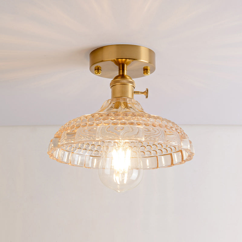 Single Textured Glass Flush Mount Light Retro Style Gold Shaded Corridor Semi Flush Ceiling Light Gold H Clearhalo 'Ceiling Lights' 'Close To Ceiling Lights' 'Close to ceiling' 'Glass shade' 'Glass' 'Semi-flushmount' Lighting' 2216647