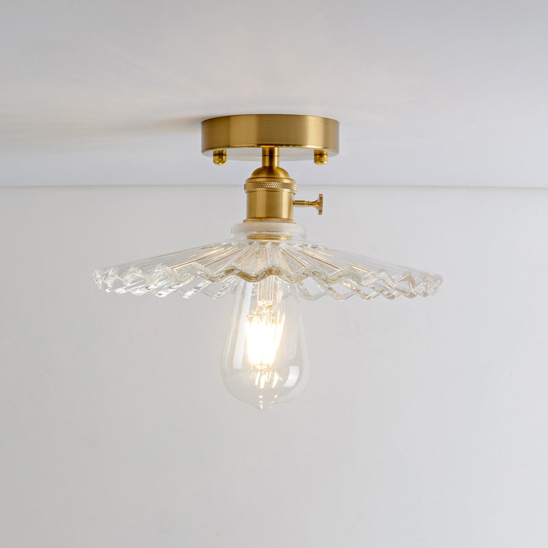Single Textured Glass Flush Mount Light Retro Style Gold Shaded Corridor Semi Flush Ceiling Light Gold A Clearhalo 'Ceiling Lights' 'Close To Ceiling Lights' 'Close to ceiling' 'Glass shade' 'Glass' 'Semi-flushmount' Lighting' 2216649