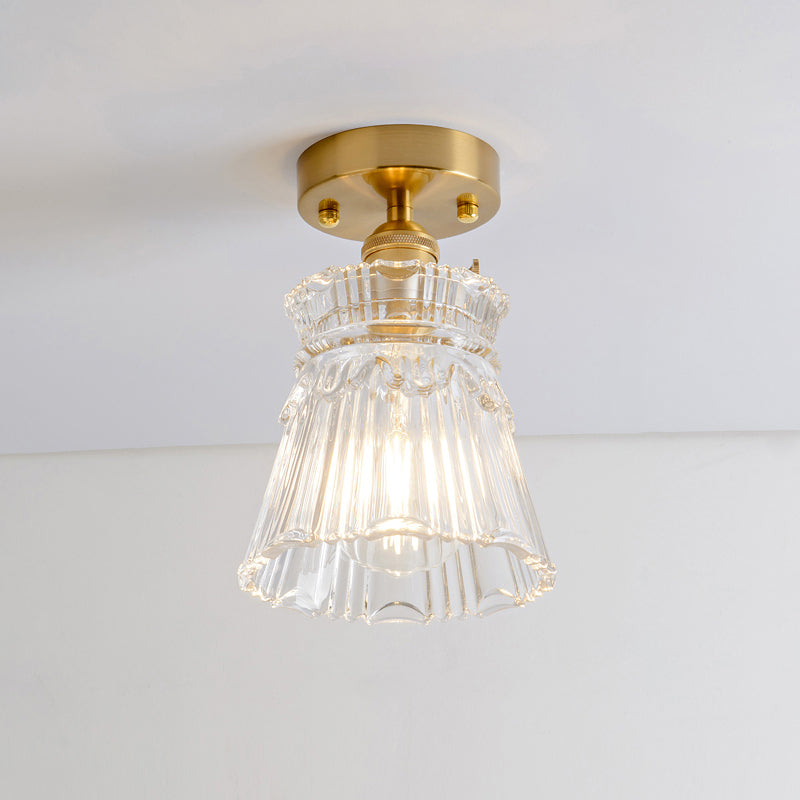 Single Textured Glass Flush Mount Light Retro Style Gold Shaded Corridor Semi Flush Ceiling Light Gold J Clearhalo 'Ceiling Lights' 'Close To Ceiling Lights' 'Close to ceiling' 'Glass shade' 'Glass' 'Semi-flushmount' Lighting' 2216652