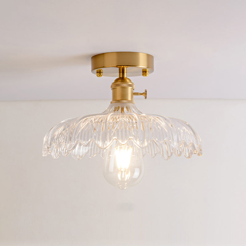 Single Textured Glass Flush Mount Light Retro Style Gold Shaded Corridor Semi Flush Ceiling Light Gold D Clearhalo 'Ceiling Lights' 'Close To Ceiling Lights' 'Close to ceiling' 'Glass shade' 'Glass' 'Semi-flushmount' Lighting' 2216653