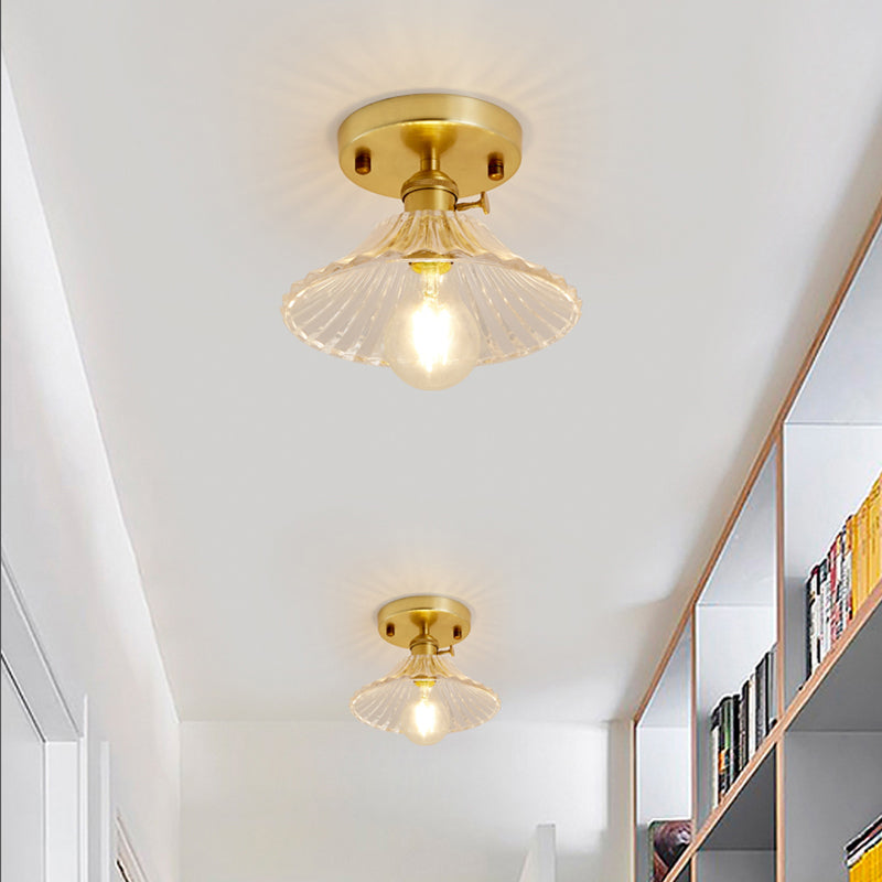 Gold Tapered Semi Flush Mount Minimalist Prismatic Glass 1 Head Corridor Ceiling Mounted Light Gold A Clearhalo 'Ceiling Lights' 'Close To Ceiling Lights' 'Close to ceiling' 'Glass shade' 'Glass' 'Pendant Lights' 'Semi-flushmount' Lighting' 2216655