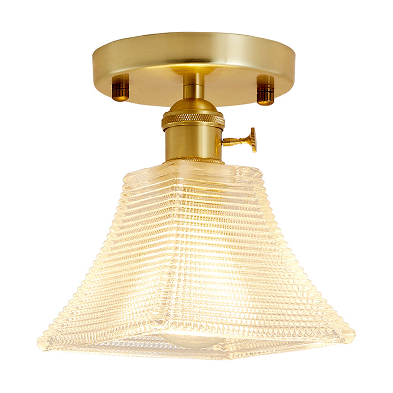Gold Tapered Semi Flush Mount Minimalist Prismatic Glass 1 Head Corridor Ceiling Mounted Light Clearhalo 'Ceiling Lights' 'Close To Ceiling Lights' 'Close to ceiling' 'Glass shade' 'Glass' 'Pendant Lights' 'Semi-flushmount' Lighting' 2216659