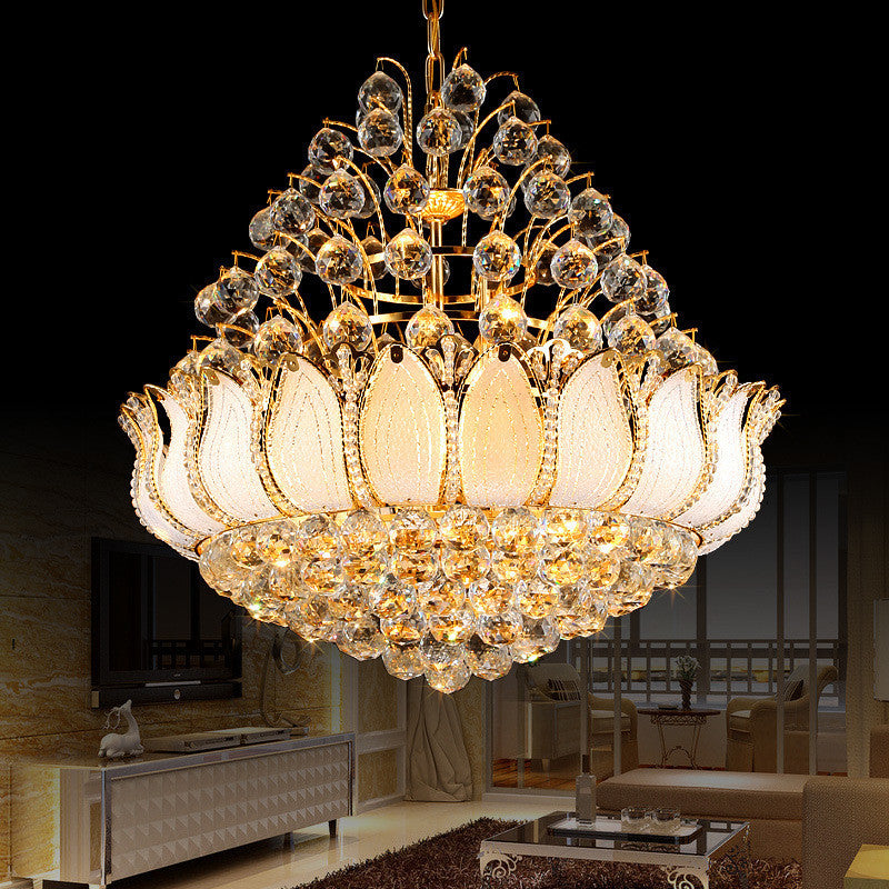 Gold Lotus Hanging Light Contemporary 9/11 Lights Faceted Crystal Ball Chandelier Light Fixture, 18.5"/23.5" Wide Gold 23.5" Clearhalo 'Ceiling Lights' 'Chandeliers' 'Modern Chandeliers' 'Modern' Lighting' 221670