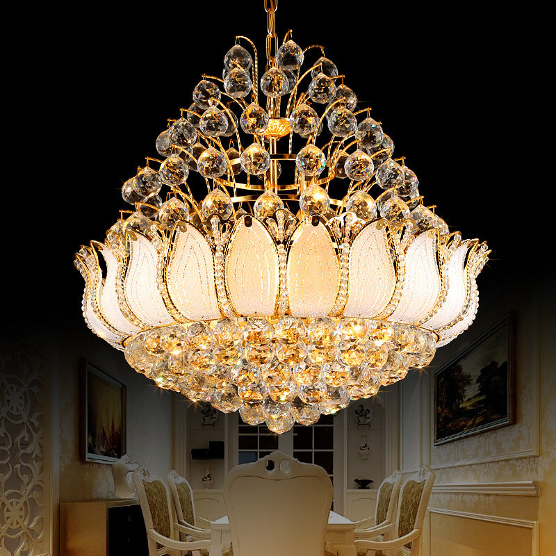 Gold Lotus Hanging Light Contemporary 9/11 Lights Faceted Crystal Ball Chandelier Light Fixture, 18.5"/23.5" Wide Clearhalo 'Ceiling Lights' 'Chandeliers' 'Modern Chandeliers' 'Modern' Lighting' 221671