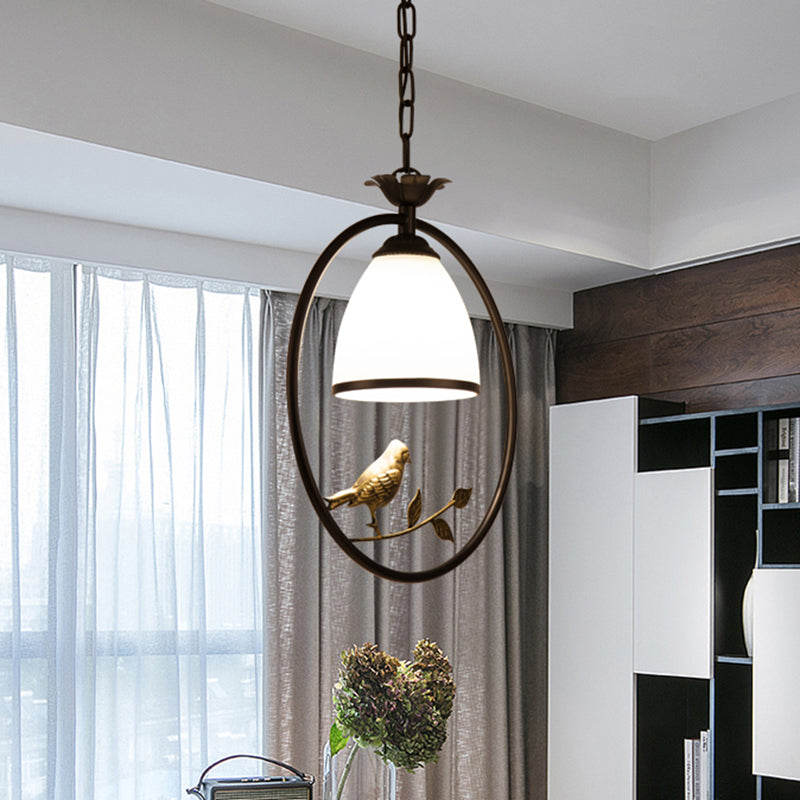 Bell Handblown Glass Ceiling Light Retro Single Dining Room Hanging Light with Bird and Branch Decor in Black Clearhalo 'Ceiling Lights' 'Pendant Lights' 'Pendants' Lighting' 2216724