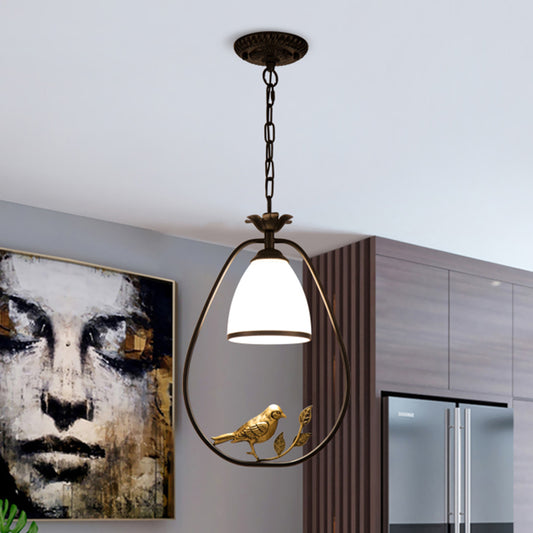 Bell Handblown Glass Ceiling Light Retro Single Dining Room Hanging Light with Bird and Branch Decor in Black Clearhalo 'Ceiling Lights' 'Pendant Lights' 'Pendants' Lighting' 2216725