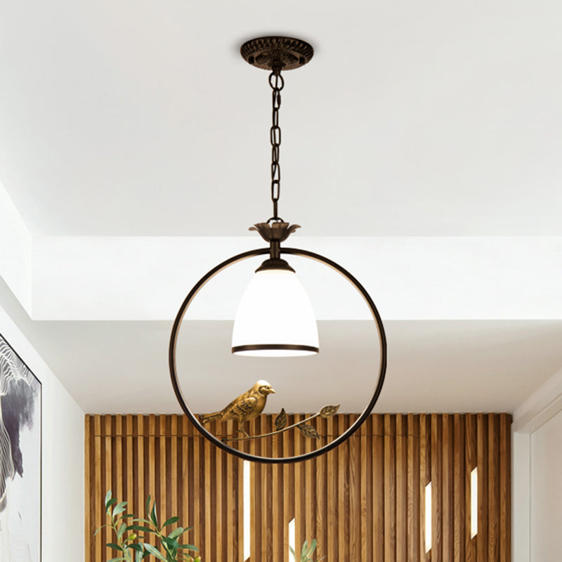 Bell Handblown Glass Ceiling Light Retro Single Dining Room Hanging Light with Bird and Branch Decor in Black Clearhalo 'Ceiling Lights' 'Pendant Lights' 'Pendants' Lighting' 2216726