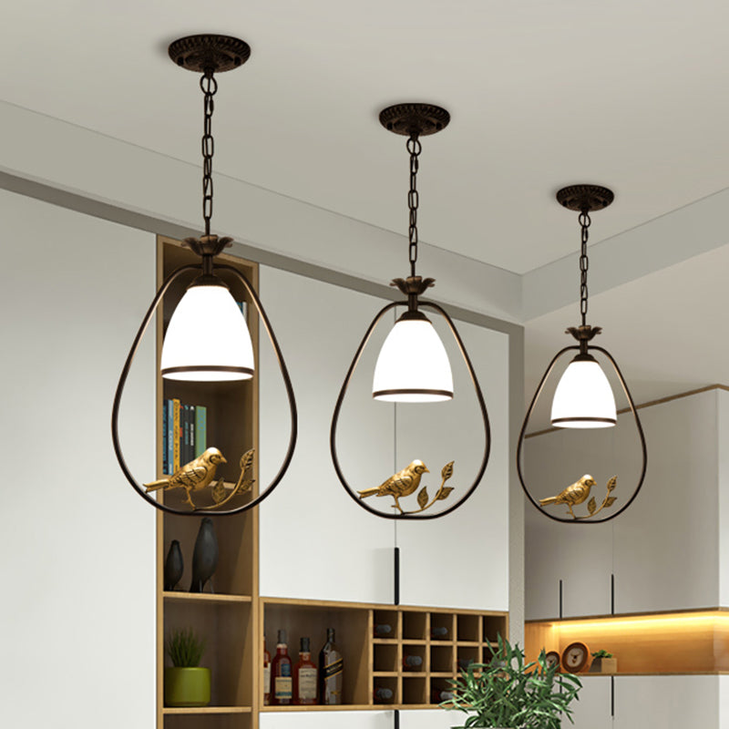Bell Handblown Glass Ceiling Light Retro Single Dining Room Hanging Light with Bird and Branch Decor in Black Clearhalo 'Ceiling Lights' 'Pendant Lights' 'Pendants' Lighting' 2216727