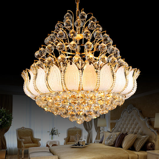 Gold Lotus Hanging Light Contemporary 9/11 Lights Faceted Crystal Ball Chandelier Light Fixture, 18.5"/23.5" Wide Gold 18" Clearhalo 'Ceiling Lights' 'Chandeliers' 'Modern Chandeliers' 'Modern' Lighting' 221672