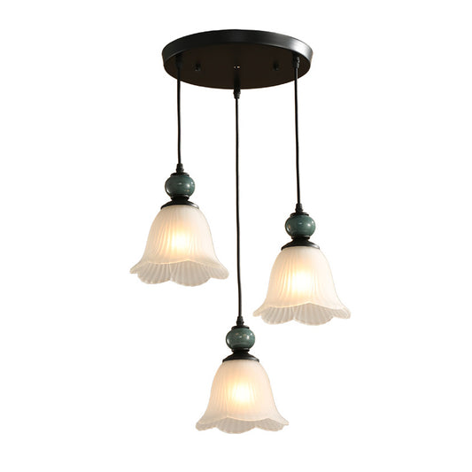 3 Bulbs Multi Light Pendant Retro Style Floral Shade Ribbed Ruffled Glass Hanging Lighting in Black Clearhalo 'Ceiling Lights' 'Glass shade' 'Glass' 'Pendant Lights' 'Pendants' Lighting' 2216738
