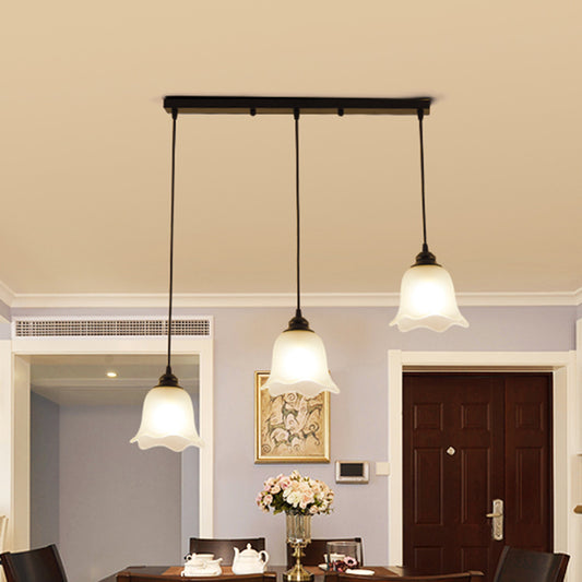 Tapered Dining Room Multi Ceiling Lamp Rustic Frosted Glass 3 Heads Black Suspension Light Fixture Black A Linear Clearhalo 'Ceiling Lights' 'Close To Ceiling Lights' 'Glass shade' 'Glass' 'Pendant Lights' 'Pendants' Lighting' 2216739