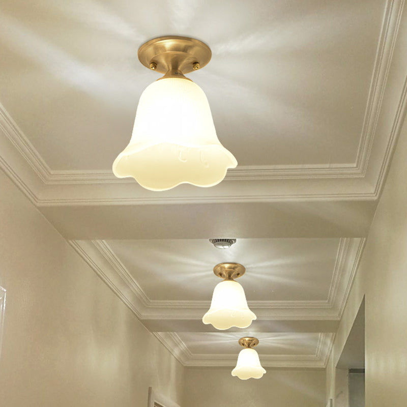 Floral Cream Glass Semi Flush Single Vintage Single Corridor Flush Ceiling Light Fixture in Gold Clearhalo 'Ceiling Lights' 'Close To Ceiling Lights' 'Close to ceiling' 'Glass shade' 'Glass' 'Semi-flushmount' Lighting' 2216755