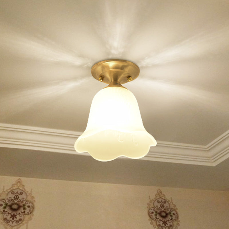 Floral Cream Glass Semi Flush Single Vintage Single Corridor Flush Ceiling Light Fixture in Gold Clearhalo 'Ceiling Lights' 'Close To Ceiling Lights' 'Close to ceiling' 'Glass shade' 'Glass' 'Semi-flushmount' Lighting' 2216756