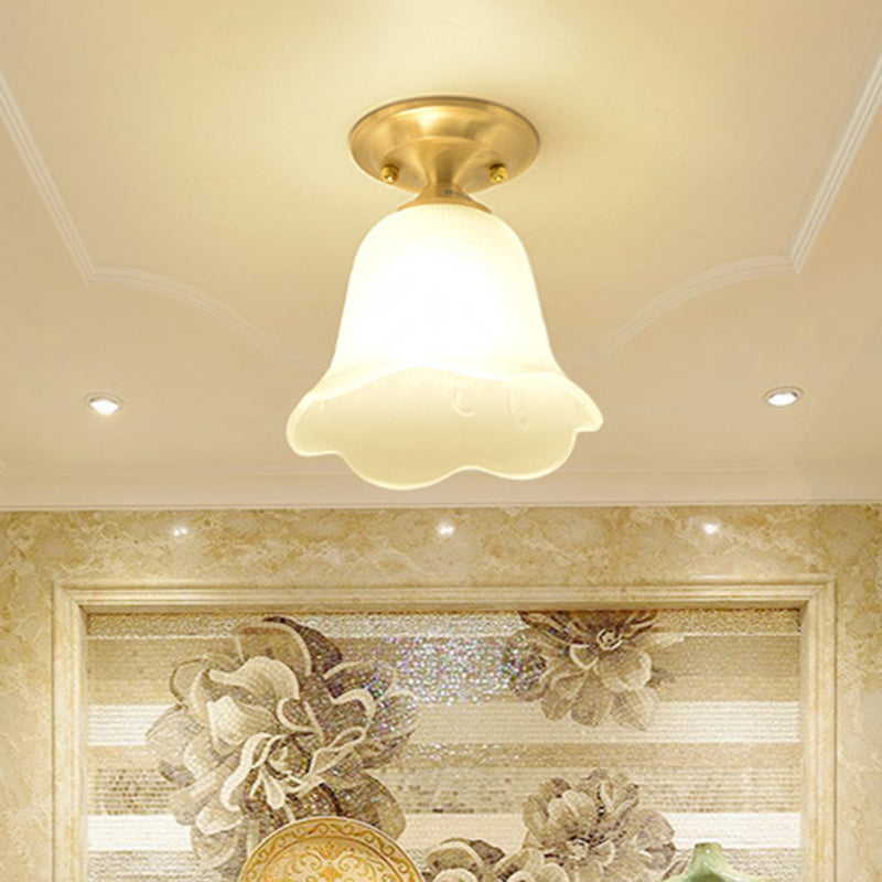 Floral Cream Glass Semi Flush Single Vintage Single Corridor Flush Ceiling Light Fixture in Gold Clearhalo 'Ceiling Lights' 'Close To Ceiling Lights' 'Close to ceiling' 'Glass shade' 'Glass' 'Semi-flushmount' Lighting' 2216757