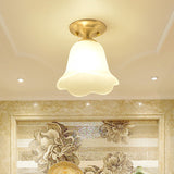 Floral Cream Glass Semi Flush Single Vintage Single Corridor Flush Ceiling Light Fixture in Gold Clearhalo 'Ceiling Lights' 'Close To Ceiling Lights' 'Close to ceiling' 'Glass shade' 'Glass' 'Semi-flushmount' Lighting' 2216757