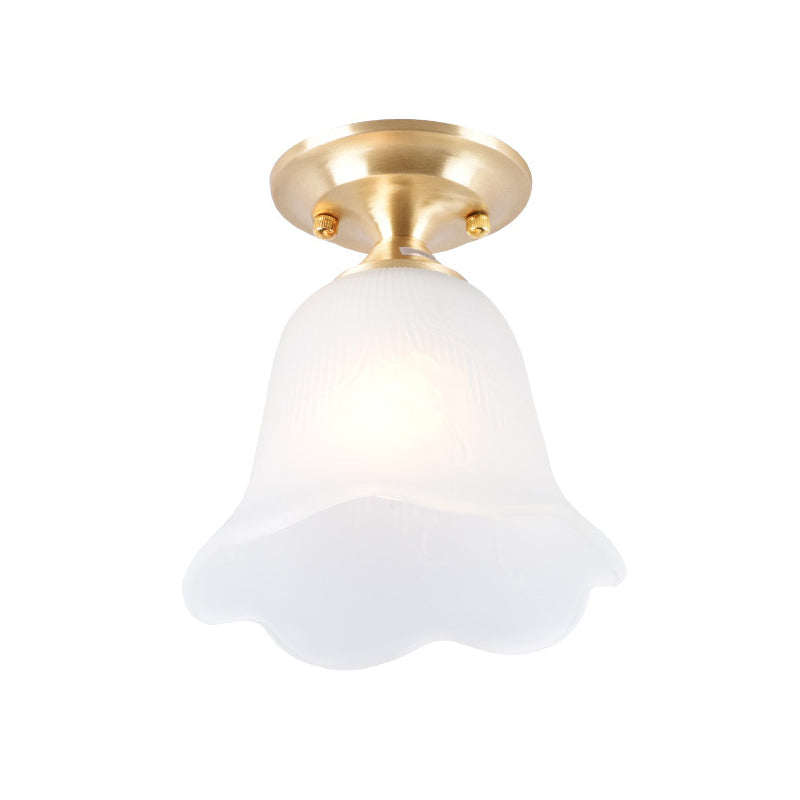 Floral Cream Glass Semi Flush Single Vintage Single Corridor Flush Ceiling Light Fixture in Gold Clearhalo 'Ceiling Lights' 'Close To Ceiling Lights' 'Close to ceiling' 'Glass shade' 'Glass' 'Semi-flushmount' Lighting' 2216758