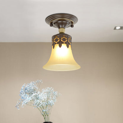 Beige Glass Flared Shade Semi Flush Mount Vintage 1 Bulb Corridor Ceiling Mounted Light in Black Black Clearhalo 'Ceiling Lights' 'Close To Ceiling Lights' 'Lighting' 2216760_b4b1d3b1-a3f8-45b9-941a-ead0252d45a5