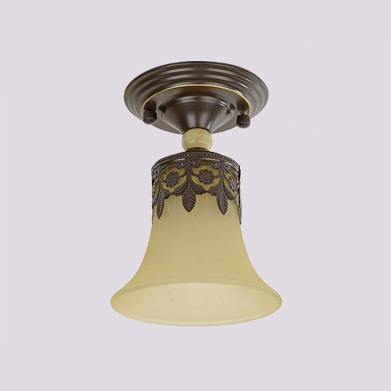 Beige Glass Flared Shade Semi Flush Mount Vintage 1 Bulb Corridor Ceiling Mounted Light in Black Clearhalo 'Ceiling Lights' 'Close To Ceiling Lights' 'Lighting' 2216764