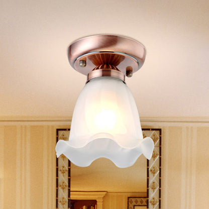 1 Bulb Flush Mount Light Retro Flower Shade White Frosted Glass Semi Flush Ceiling Light White B Clearhalo 'Ceiling Lights' 'Close To Ceiling Lights' 'Close to ceiling' 'Glass shade' 'Glass' 'Semi-flushmount' Lighting' 2216765