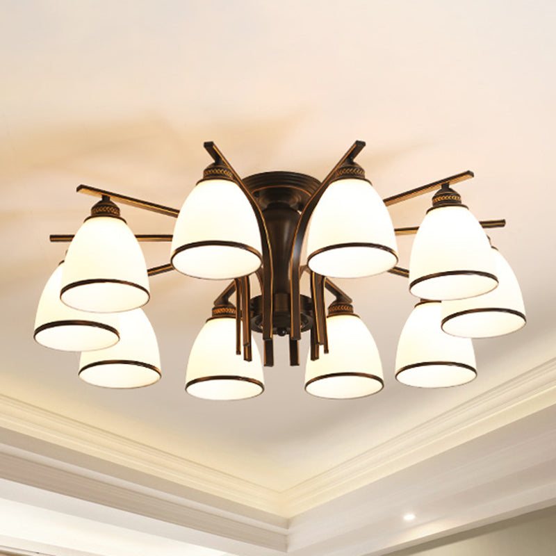 Retro Bell Flush Mount Light Frosted Glass Semi Flush Chandelier in Black for Living Room 10 Black Clearhalo 'Ceiling Lights' 'Close To Ceiling Lights' 'Close to ceiling' 'Glass shade' 'Glass' 'Semi-flushmount' Lighting' 2216839