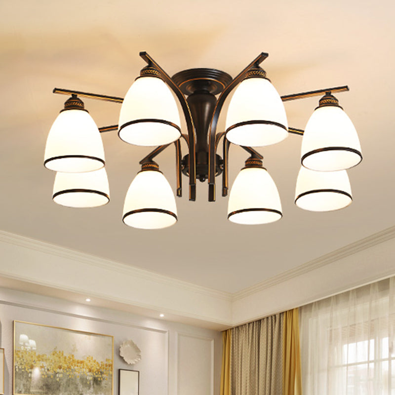 Retro Bell Flush Mount Light Frosted Glass Semi Flush Chandelier in Black for Living Room 8 Black Clearhalo 'Ceiling Lights' 'Close To Ceiling Lights' 'Close to ceiling' 'Glass shade' 'Glass' 'Semi-flushmount' Lighting' 2216841