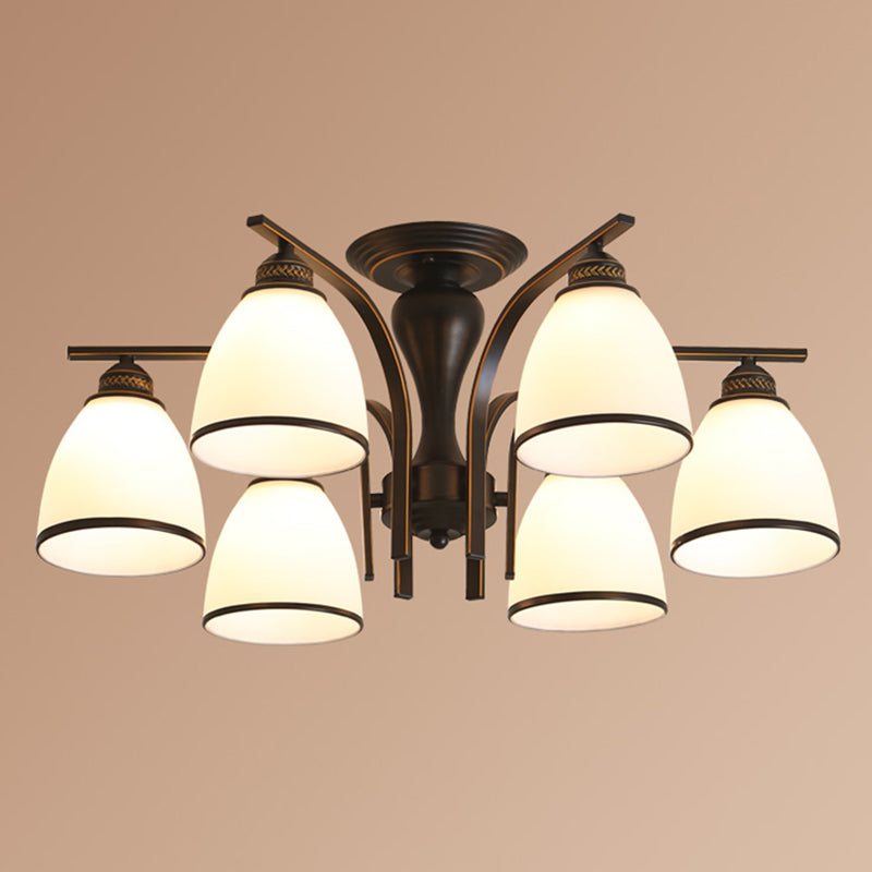 Retro Bell Flush Mount Light Frosted Glass Semi Flush Chandelier in Black for Living Room 6 Black Clearhalo 'Ceiling Lights' 'Close To Ceiling Lights' 'Close to ceiling' 'Glass shade' 'Glass' 'Semi-flushmount' Lighting' 2216844