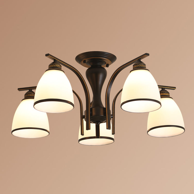 Retro Bell Flush Mount Light Frosted Glass Semi Flush Chandelier in Black for Living Room 5 Black Clearhalo 'Ceiling Lights' 'Close To Ceiling Lights' 'Close to ceiling' 'Glass shade' 'Glass' 'Semi-flushmount' Lighting' 2216846