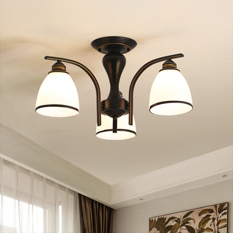 Retro Bell Flush Mount Light Frosted Glass Semi Flush Chandelier in Black for Living Room 3 Black Clearhalo 'Ceiling Lights' 'Close To Ceiling Lights' 'Close to ceiling' 'Glass shade' 'Glass' 'Semi-flushmount' Lighting' 2216847