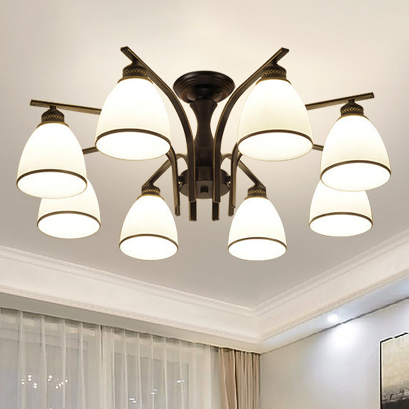 Shaded Cream Glass Semi Flush Light Rustic Living Room Flush Mount Ceiling Chandelier 8 Black B Clearhalo 'Ceiling Lights' 'Close To Ceiling Lights' 'Close to ceiling' 'Semi-flushmount' Lighting' 2216850