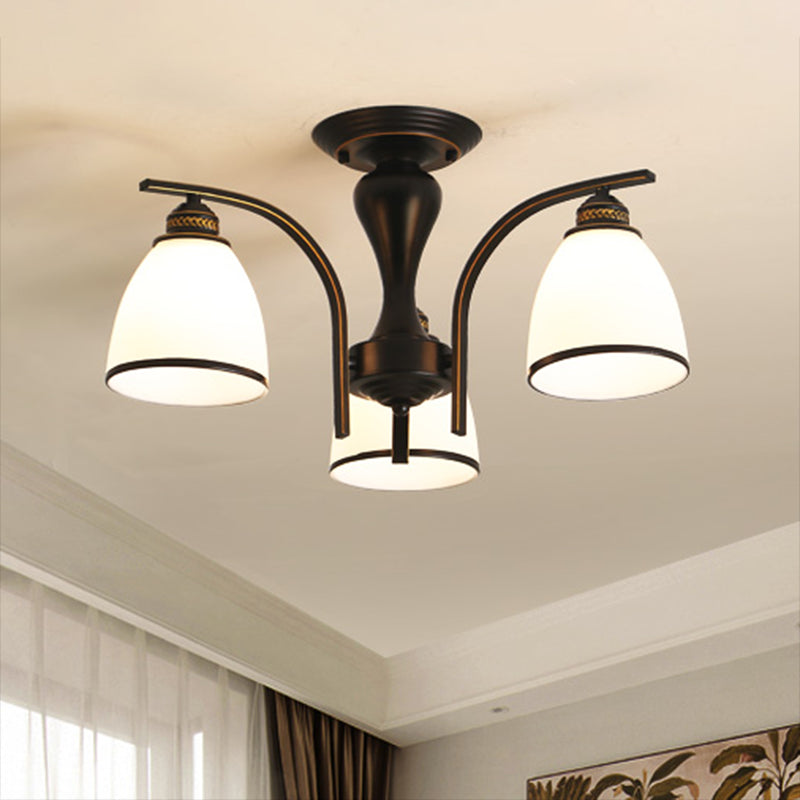 Shaded Cream Glass Semi Flush Light Rustic Living Room Flush Mount Ceiling Chandelier 3 Black B Clearhalo 'Ceiling Lights' 'Close To Ceiling Lights' 'Close to ceiling' 'Semi-flushmount' Lighting' 2216855