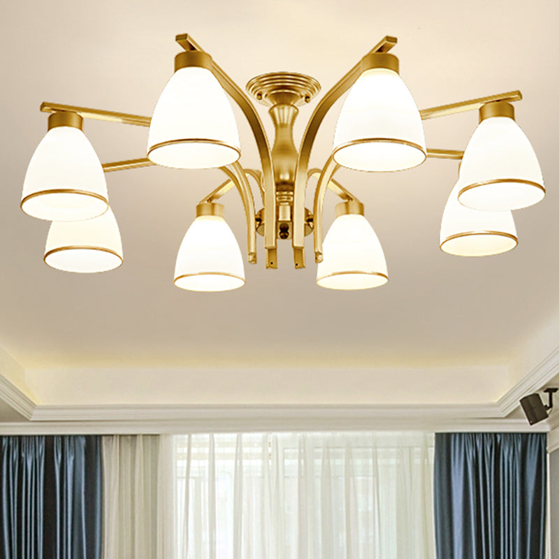 Shaded Cream Glass Semi Flush Light Rustic Living Room Flush Mount Ceiling Chandelier 8 Gold B Clearhalo 'Ceiling Lights' 'Close To Ceiling Lights' 'Close to ceiling' 'Semi-flushmount' Lighting' 2216856
