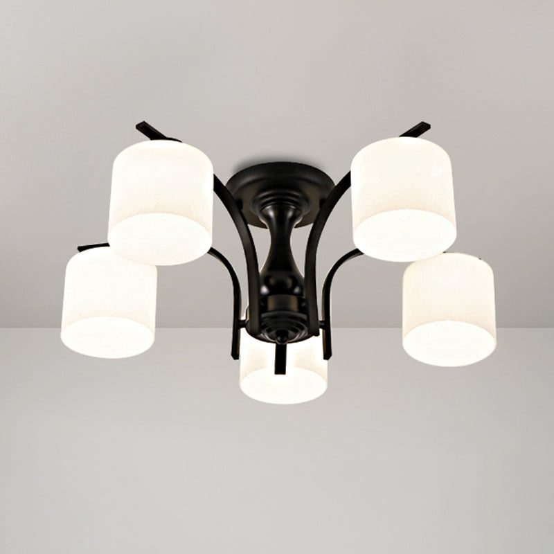Shaded Cream Glass Semi Flush Light Rustic Living Room Flush Mount Ceiling Chandelier 5 Black A Clearhalo 'Ceiling Lights' 'Close To Ceiling Lights' 'Close to ceiling' 'Semi-flushmount' Lighting' 2216860