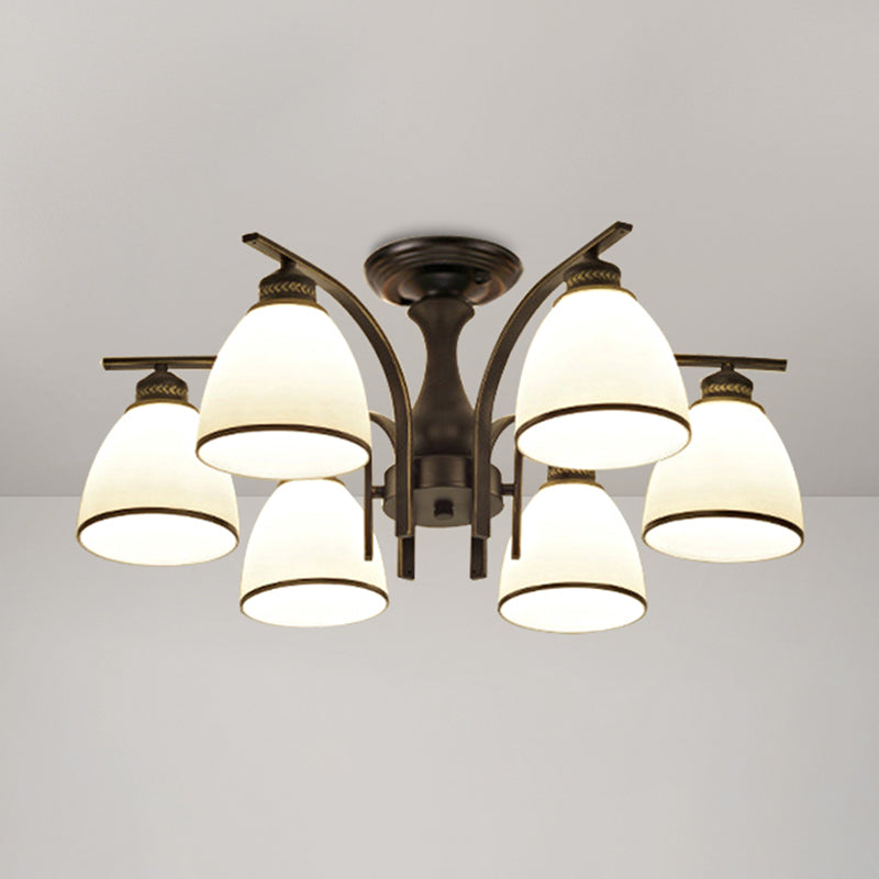 Shaded Cream Glass Semi Flush Light Rustic Living Room Flush Mount Ceiling Chandelier 6 Black B Clearhalo 'Ceiling Lights' 'Close To Ceiling Lights' 'Close to ceiling' 'Semi-flushmount' Lighting' 2216862