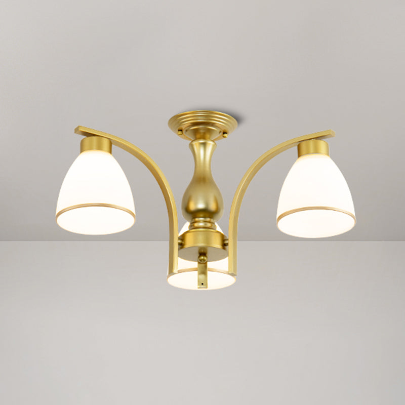 Shaded Cream Glass Semi Flush Light Rustic Living Room Flush Mount Ceiling Chandelier 3 Gold B Clearhalo 'Ceiling Lights' 'Close To Ceiling Lights' 'Close to ceiling' 'Semi-flushmount' Lighting' 2216864