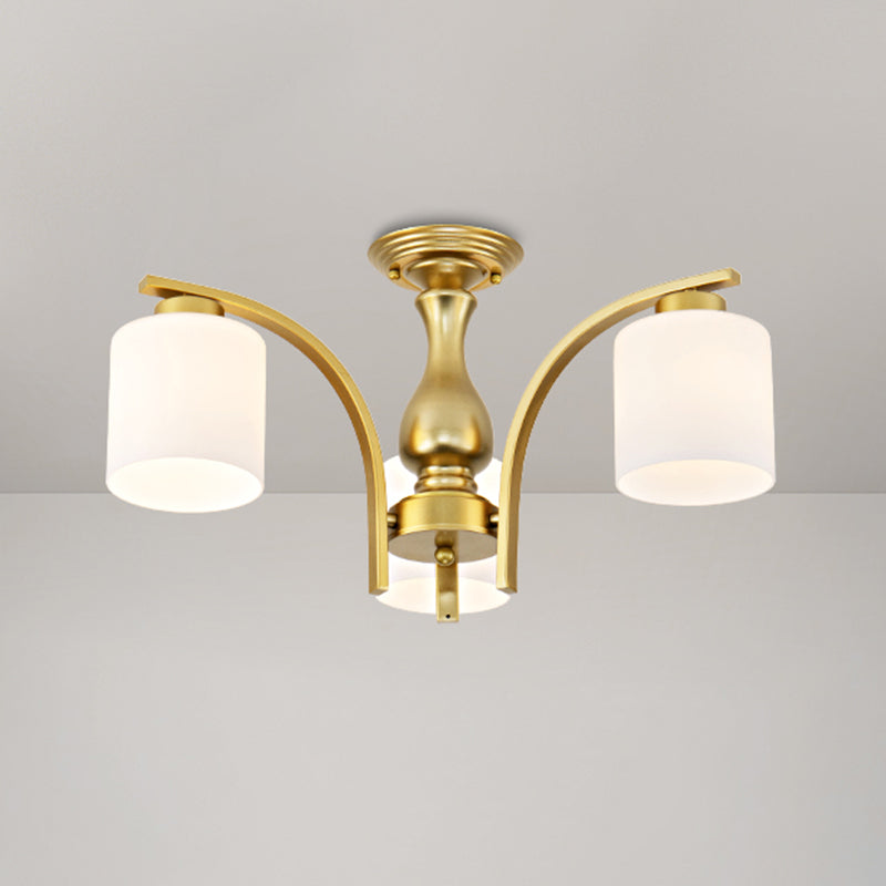 Shaded Cream Glass Semi Flush Light Rustic Living Room Flush Mount Ceiling Chandelier 3 Gold A Clearhalo 'Ceiling Lights' 'Close To Ceiling Lights' 'Close to ceiling' 'Semi-flushmount' Lighting' 2216866