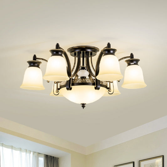 Frosted Glass Black Semi Flush Mount Flared Shade Vintage Close To Ceiling Chandelier 9 Black Clearhalo 'Ceiling Lights' 'Close To Ceiling Lights' 'Close to ceiling' 'Glass shade' 'Glass' 'Semi-flushmount' Lighting' 2216894